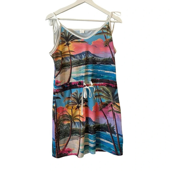 Beach Pullover Summer Dress with Drawstring Tie Up and Adjustable Straps Size M - Picture 1 of 17